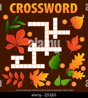 Herbstblätter und Eicheln Kreuzworträtsel Arbeitsblatt, Wort Quiz. Vector Spiel finden Ahorn, Birke, Weißdorn und Weide mit Linden oder Viburnum, Eiche, Esche, Kastanien Laub. Kreuzwortest für Kinder in der Freizeit Stock Vektor