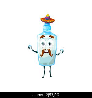 Cartoon pulque mexikanische Trinkflasche lustigen Charakter. Fröhliche mexikanische Persönlichkeit mit alkoholischen Getränken. Happy Pulque Vektor niedlichen Schnurrbart Charakter in Sombrero Hut, hält Brille in den Händen Stock Vektor