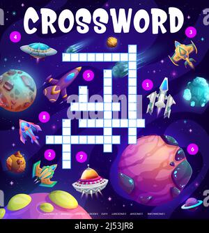 Space Shuttle, ufo, Raumschiff und Raumschiff in Galaxie Kreuzworträtsel, finden Sie ein Wort Quiz-Spiel. Cartoon-Vektor-Arbeitsblatt mit Space Shuttle, Rakete, Planeten, Raumschiff und starcraft Suche puzzle Stock Vektor