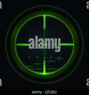 Sniper-Scope Nachtsicht, Sichtziel. Isoliertes Vektor-Fadenkreuz der Pistole mit grünem Neonlicht. Realistischer 3D-Waffen-Zoom, optischer Fokus für den Militäreinsatz, Bullseye-Rahmen im Sucher mit Kreuzpunkt Stock Vektor