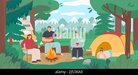 Camping Menschen Landschaft. Touristen, die am Lagerfeuer auf Natur sitzen, aktive Urlaubsszene. Vektorgrafik Stock Vektor