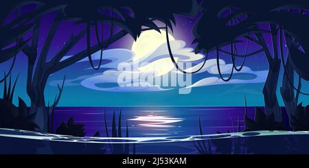 Nächtliche Ozeanlandschaft, Vollmond und Sterne leuchten am Himmel über der Wasseroberfläche und reflektieren Sternenlicht und Dschungelbäume mit Lianen. Tropische Ozeanlandschaft, dunkle Himmel Dämmerung, Cartoon-Vektor-Hintergrund Stock Vektor