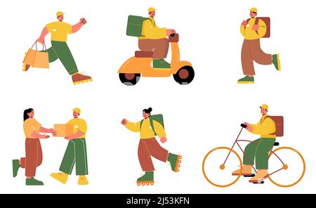 Satz von Kurierfiguren liefern Pakete auf dem Fahrrad, zu Fuß und Roller. Shipping Service Worker mit Lebensmitteln, Karton Auftrag Transport zum Kunden, Cartoon Line Art flache Vektor-Illustration Stock Vektor