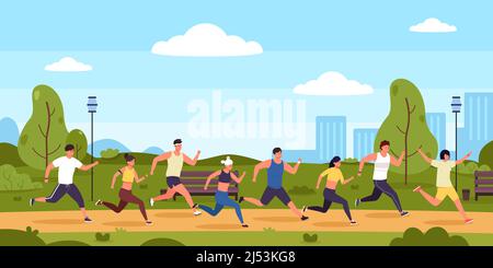 Marathonläufer. Cartoon Menschen Rennen im Park, Personen auf Sport-Übungen. Vektor-Grafik für aktiven Wettbewerb Stock Vektor