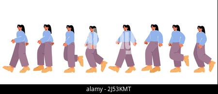 Frau Charakter gehen Zyklus Sequenz in der Seitenansicht. Vektor flache Illustration von Mädchen Schritte in verschiedenen Haltungen. Animation Sprite Blatt von Walking weibliche Person, Mädchen Gang Stock Vektor