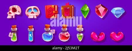 Spiel-Symbole mit magischen Büchern, Tränken, Herzen, Edelsteinen und Schädeln. Vektor-Cartoon-Set von mobilen Spiel-Assets, Symbole von Flaschen mit Gift, gebrochenes Herz und Kristalle Stock Vektor