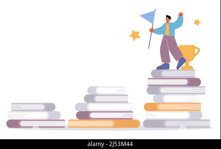 Lesen für Ziele erreichen, Bildung Erfolg Konzept. Vektor flache Illustration des Mannes mit Flagge und Auszeichnung stehen auf Top-Bücher Stapel. Treppe mit Büchern, die zum Sieg führen Stock Vektor