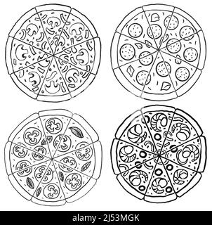 Satz von verschiedenen Pizza Scheiben von Hand gezeichnet einfache Doodle Stil Vektor-Illustration Stock Vektor