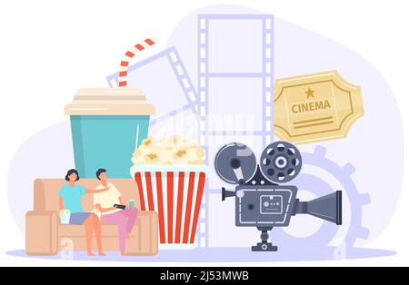 Online-Kino-Konzepte, Popcorn und Kamera Stock Vektor