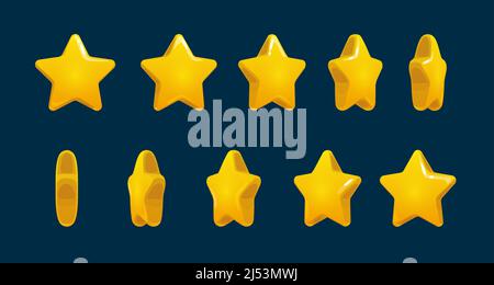 Golden Star drehen Animation, animierte Spiel Sprite. Vektor Gold ui Rate Sterne Sequenz Rahmen, gui Design Elemente gelb golden glänzend Assets für App-Benutzeroberfläche und Score-Anzeige, isolierte Bonus Stock Vektor