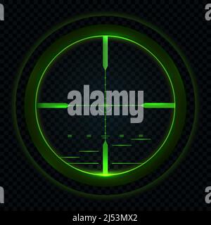 Sniper-Scope Nachtsicht, Sichtziel. Isoliertes Vektor-Fadenkreuz der Pistole mit grünem Neonlicht. Realistischer 3D-Waffen-Zoom, optischer Fokus für den Militäreinsatz, Bullseye-Rahmen im Sucher mit Kreuzpunkt Stock Vektor