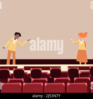 Professionelle Führungskräfte in formeller Kleidung halten eine Rede. Vorbildfunktion für Kollegen bei der öffentlichen Ausrichtung. Debatte von Männern und Frauen Stock Vektor