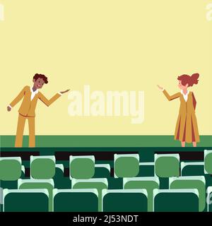 Professionelle Führungskräfte in formeller Kleidung halten eine Rede. Vorbildfunktion für Kollegen bei der öffentlichen Ausrichtung. Debatte von Männern und Frauen Stock Vektor