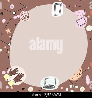 Blanke Poster mit modernen Technologie-Symbolen dekoriert. Leerer Rahmen, umgeben von einem mehrfarbigen Laptop-Mobiltelefon, das Wissenschaft und Kunst repräsentiert Stock Vektor