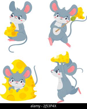 Cartoon-Maus mit Käse, niedliche Hamster-Sammlung. Vektor Maus Tier mit Käse, Cartoon-Illustration Ratte kleinen Charakter Stock Vektor