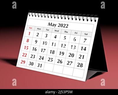Eine Seite des monatlichen Jahreskalenders. Datum - Monat Mai 2022. 3D Rendern Stockfoto
