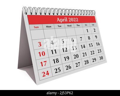 Eine Seite des monatlichen Jahreskalenders. Datum - Monat April 2022. 3D Rendern Stockfoto