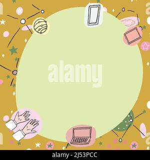 Blanke Poster mit modernen Technologie-Symbolen dekoriert. Leerer Rahmen, umgeben von einem mehrfarbigen Laptop-Mobiltelefon, das Wissenschaft und Kunst repräsentiert Stock Vektor