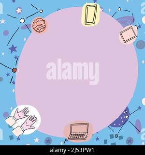 Blanke Poster mit modernen Technologie-Symbolen dekoriert. Leerer Rahmen, umgeben von einem mehrfarbigen Laptop-Mobiltelefon, das Wissenschaft und Kunst repräsentiert Stock Vektor