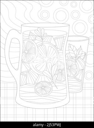 Vektor Linie Zeichnung zwei Gläser gefüllt Zitronensaft Sitztisch. Digitales lineart-Bild Glaskanne mit Zitrusgetränk. Skizzieren Sie Bildmaterial Stock Vektor