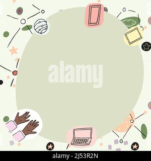 Blanke Poster mit modernen Technologie-Symbolen dekoriert. Leerer Rahmen, umgeben von einem mehrfarbigen Laptop-Mobiltelefon, das Wissenschaft und Kunst repräsentiert Stock Vektor