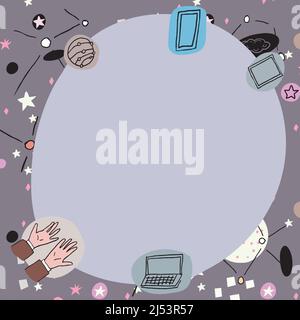 Blanke Poster mit modernen Technologie-Symbolen dekoriert. Leerer Rahmen, umgeben von einem mehrfarbigen Laptop-Mobiltelefon, das Wissenschaft und Kunst repräsentiert Stock Vektor