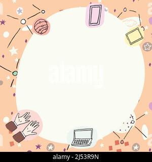 Blanke Poster mit modernen Technologie-Symbolen dekoriert. Leerer Rahmen, umgeben von einem mehrfarbigen Laptop-Mobiltelefon, das Wissenschaft und Kunst repräsentiert Stock Vektor