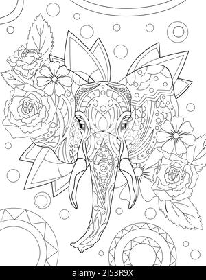 Abstrakte Vektor Linie Zeichnung stilisierte Elefant aufwendige Muster floralen Dekorationen. Digital lineart Bild Tier geschmückt Blumen kreisförmig Stock Vektor