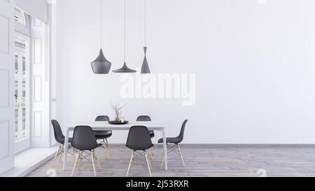 Minimalistisch-eleganter Speisesaal, leeres modernes White Wall Illustration Concept, skandinavischer Speisesaal, Pendelleuchten, Eichenboden, 3D Inneneinrichtung Stockfoto