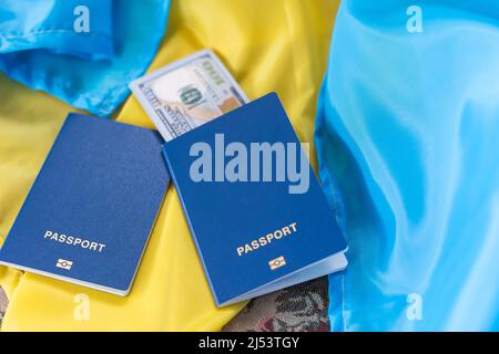 Biometrischer Auslandspass mit Geld liegt auf der Nationalflagge der Ukraine gelb-blau. Stockfoto