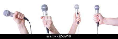 Personen, die verschiedene Mikrofone auf weißem Hintergrund halten, Nahaufnahme. Das Konzept des Welttages der Pressefreiheit. Stockfoto