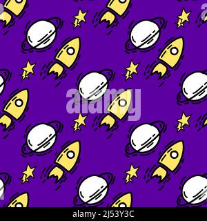 Nahtloses Muster mit Illustration Space Rocket eine Doodle-Stil schwarz gelbe Farbe auf blauem Hintergrund Stock Vektor