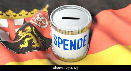 Spendenbox mit dem deutschen Wort 'Spende' auf der Rheinland-pfälzischen Landesflagge Stockfoto