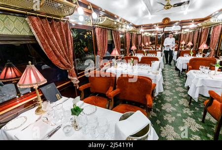 Das Interieur eines luxuriösen Speisewagens auf dem Belmont Venice Simplon Orient Express mit Tischen zum Abendessen Stockfoto