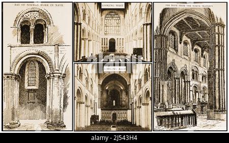 Eine alte Illustration aus dem 19.. Jahrhundert, die verschiedene Ansichten des Kirchenschiffs in der Rochester Cathedral, Großbritannien, zeigt Stockfoto