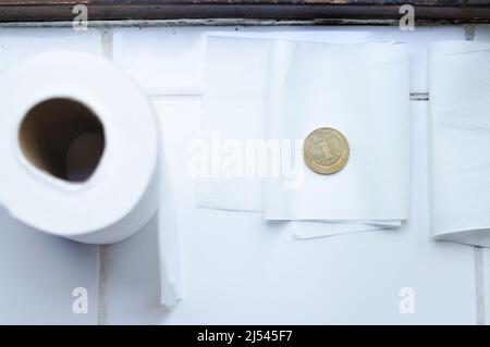 Rolle aus weißem Toilettenpapier und goldener ukrainischer Griwna-Münze. Übersetzung aus dem Ukrainischen :eine Griwna, Ukraine Stockfoto