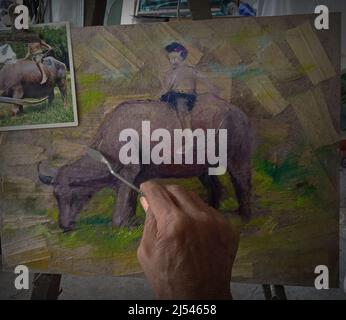 Kunst Malerei Ölfarbe Hut nordöstlich Thailand Landschaft , Büffel Stockfoto