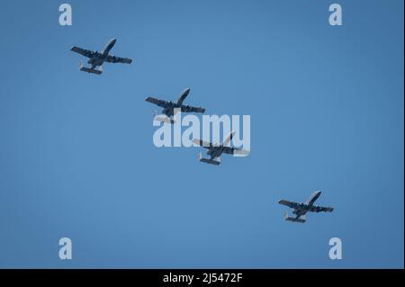 Eine vierschiffige Formation von A-10 Thunderbolt IIS bereitet sich darauf vor, auf der Fluglinie auf dem Flugplatz Osan, Republik Korea, am 15. April 2022 zu landen. Ein Flugzeugpaar, bestehend aus einem Führer und einem Flügelmann, wird als Abschnitt bezeichnet. Eine vierschiffige Formation, die aus zwei Sektionen besteht, wird als Division bezeichnet. (USA Luftwaffe Foto von Tech Sgt. Zachariah Lopez) Stockfoto