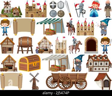 Mittelalterliche Figuren Gebäude Set Illustration Stock Vektor