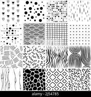 Vektorset mit sechzehn geometrischen Mustern. Moderne, stilvolle Texturen. Sich wiederholende Hintergründe. Vektorgrafik Stock Vektor