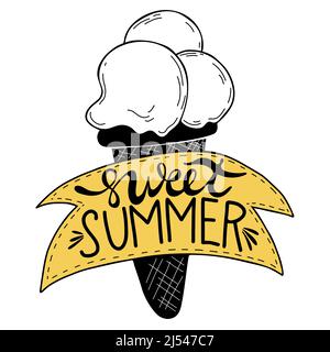 Eiscreme mit Schriftzug Sweet Summer. Handgezeichnete Vektorgrafik im Doodle-Stil. Umrisszeichnung mit Beschriftung für sommerliche Gestaltung und Dekor. Stock Vektor