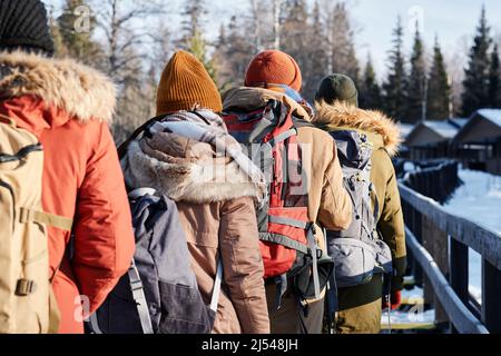 Rückansicht von vier nicht erkennbaren jungen Menschen in Rucksäcken, die am sonnigen Wintertag wandern gehen Stockfoto
