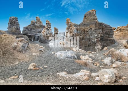 Geschichtete Stadt, erodierte vulkanische Gesteinsformation, Kanarische Inseln, Lanzarote Stockfoto