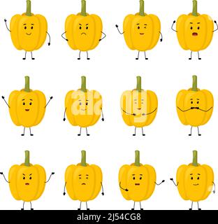 Gelber Pfeffer. Niedliche Gemüsefiguren mit verschiedenen Emotionen, Vektorgrafik Stock Vektor