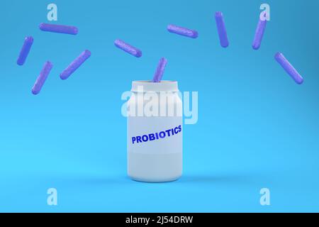 Probiotika-Konzept. Nützliche Mikroflora für den Menschen. Ein Glas mit der Aufschrift probiotische und nützliche Bakterien auf blauem Hintergrund. 3D Rendern Stockfoto