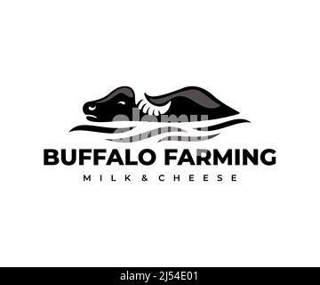 Büffel, Bulle, Ochse, liegt im Wasser, Logo-Design. Molkerei und Käserei, Landwirtschaft, Tier und Haustier, Vektorgrafik und Illustration Stock Vektor