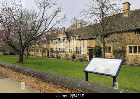 Kirschbäume im Lord Burghley Krankenhaus Armenhäuser, Stamford Town, Grafschaft Lincolnshire, England, Großbritannien Stockfoto