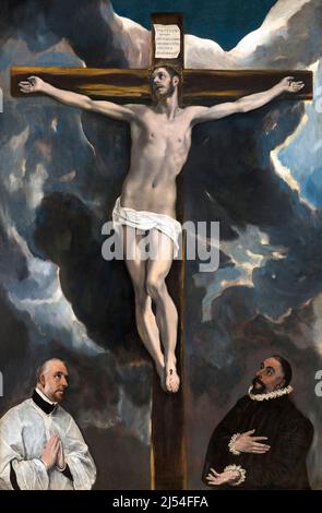 Christus am Kreuz, verehrt von zwei Spenderinnen, El Greco, Musée du Louvre, Paris, Frankreich, Europa Stockfoto
