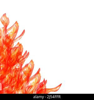 Darstellung der Flammenfarbe. Rotes, gelbes Feuer, Lagerfeuer, Wildfeuer im Freien, handgezeichnet isoliert. Gemalt auf weißem Hintergrund für Design-Rahmen, Karte, Anzeige Stockfoto