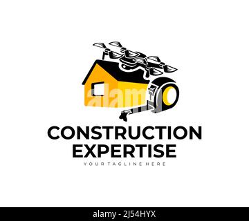 Baukompetenz, Haus, Maßband, Drohne und Quadcopter, Logo-Design. Bau, Haus und Gebäude Inspektion, Vektor-Design und illustrative Stock Vektor